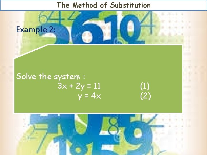 The Method of Substitution Example 2: Solve the system : 3 x + 2 The Method of Substitution Example 2: Solve the system : 3 x + 2