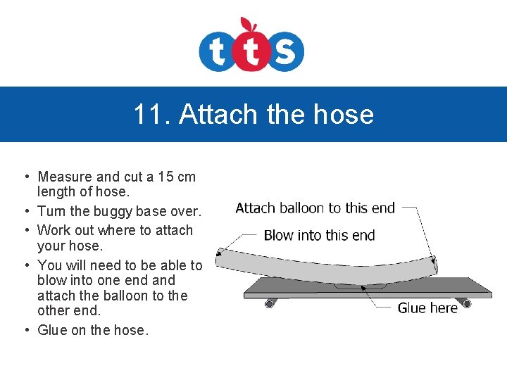11. Attach the hose • Measure and cut a 15 cm length of hose.