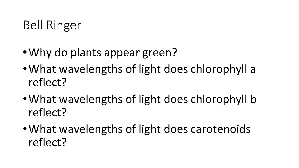 Bell Ringer • Why do plants appear green? • What wavelengths of light does