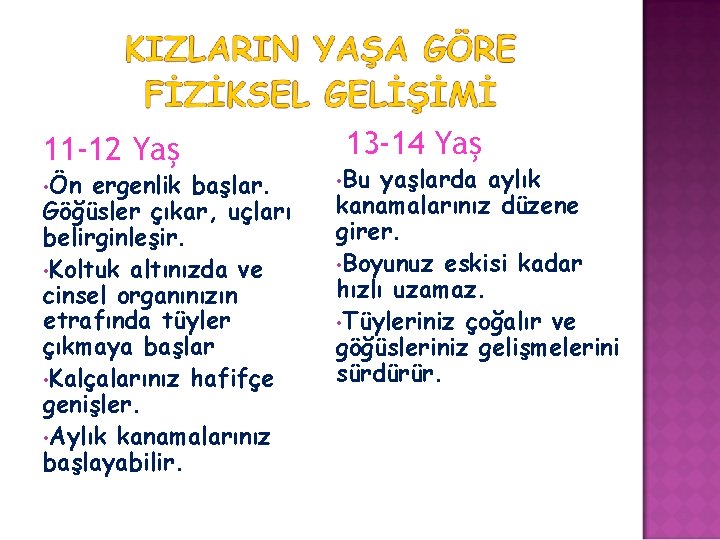 11 -12 Yaş • Ön ergenlik başlar. Göğüsler çıkar, uçları belirginleşir. • Koltuk altınızda