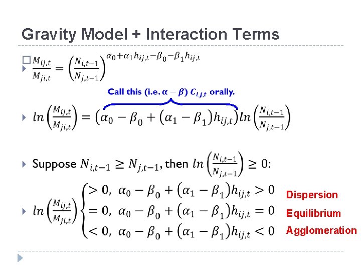 Gravity Model + Interaction Terms � Dispersion Equilibrium Agglomeration 