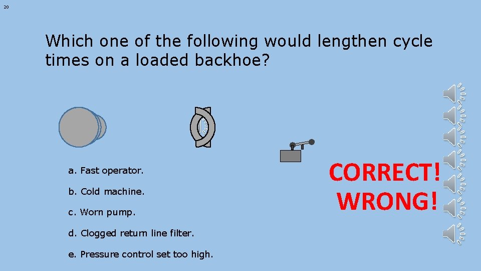 20 Which one of the following would lengthen cycle times on a loaded backhoe?