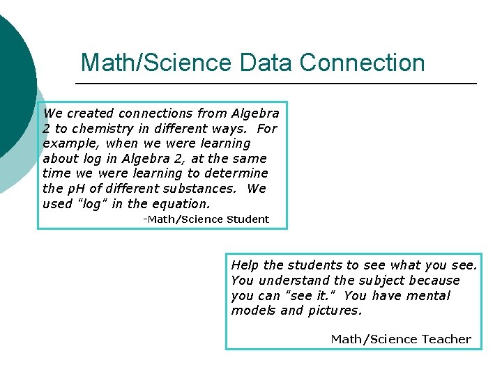 Math/Science Data Connection We created connections from Algebra 2 to chemistry in different ways.