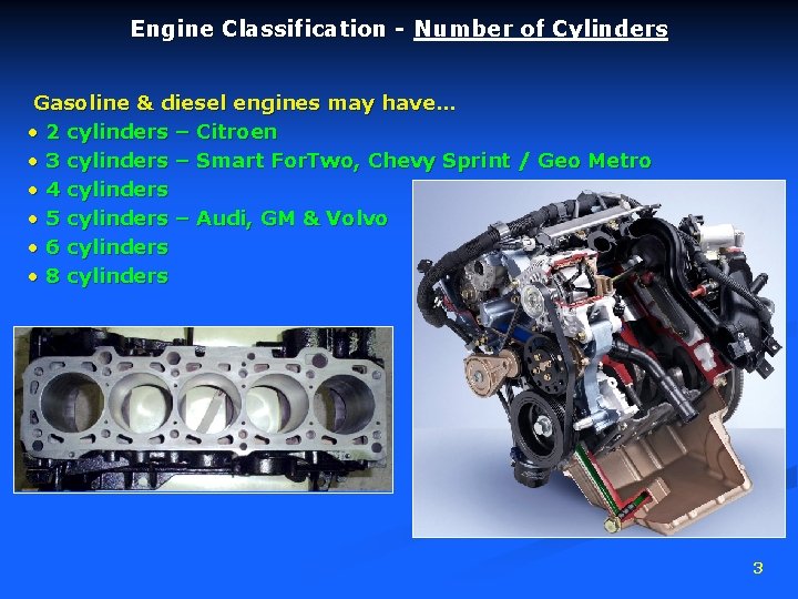 Engine Classification - Number of Cylinders Gasoline & diesel engines may have… • 2