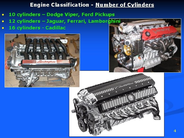 Engine Classification - Number of Cylinders • • • 10 cylinders – Dodge Viper,