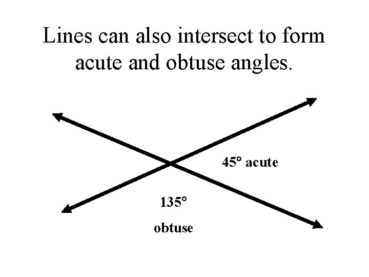 Lines can also intersect to form acute and obtuse angles. 45 acute 135 obtuse