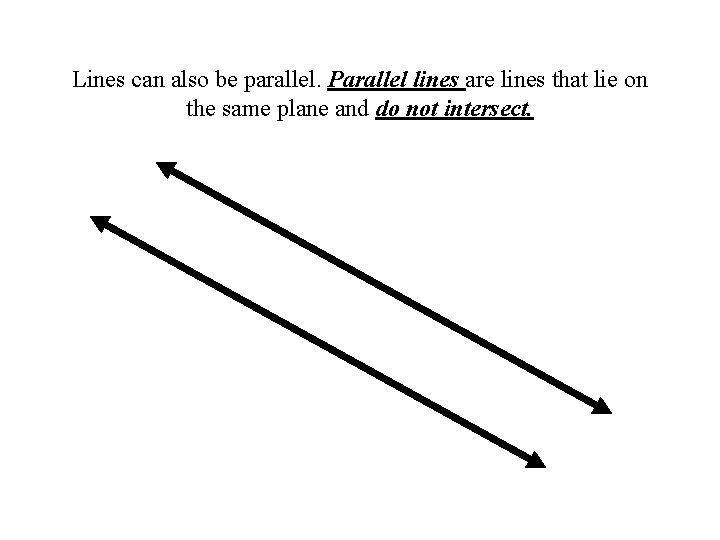 Lines can also be parallel. Parallel lines are lines that lie on the same