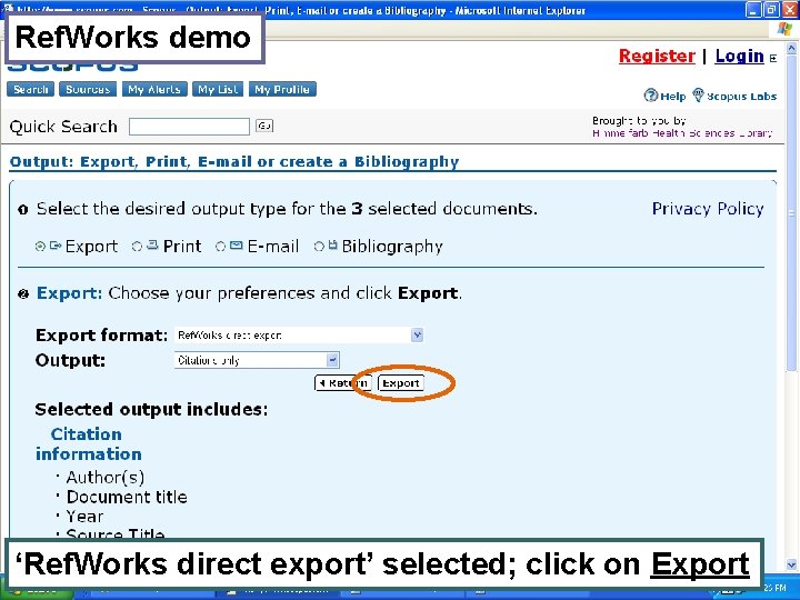 Ref. Works demo ‘Ref. Works direct export’ selected; click on Export 