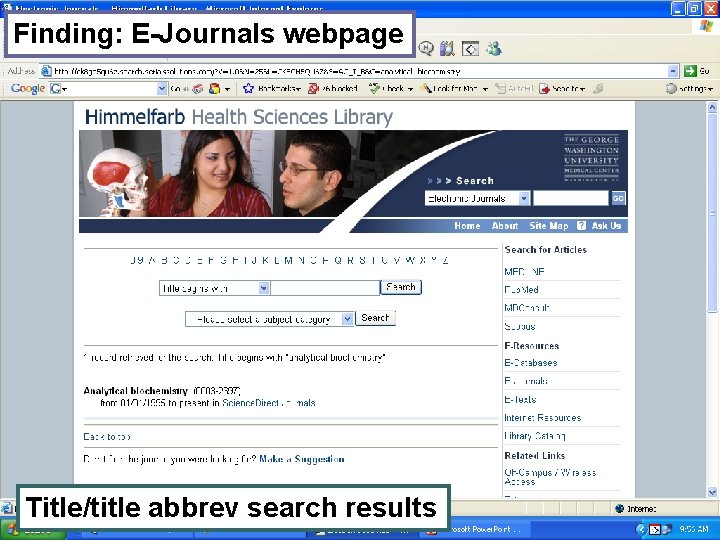 Finding: E-Journals webpage Title/title abbrev search results 