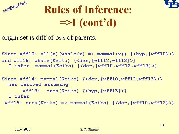 alo f buf @ cse Rules of Inference: =>I (cont’d) origin set is diff
