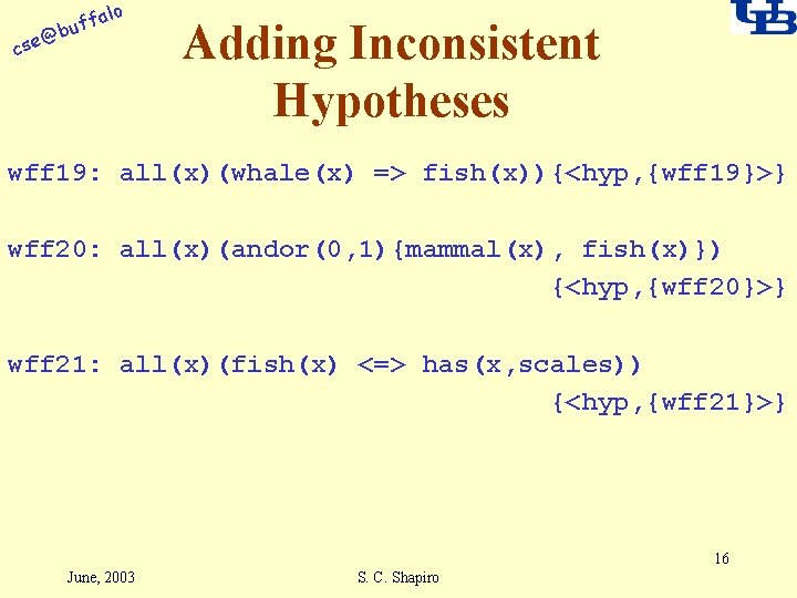 alo f buf @ cse Adding Inconsistent Hypotheses wff 19: all(x)(whale(x) => fish(x)){<hyp, {wff