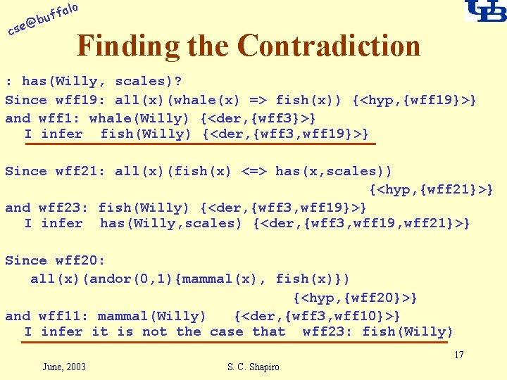 alo f buf @ cse Finding the Contradiction : has(Willy, scales)? Since wff 19: