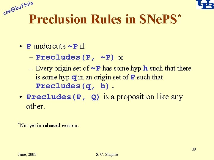 alo @ cse f buf Preclusion Rules in SNe. PS* • P undercuts ~P