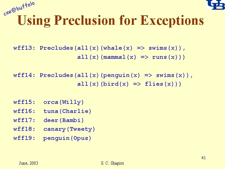 alo f buf @ cse Using Preclusion for Exceptions wff 13: Precludes(all(x)(whale(x) => swims(x)),