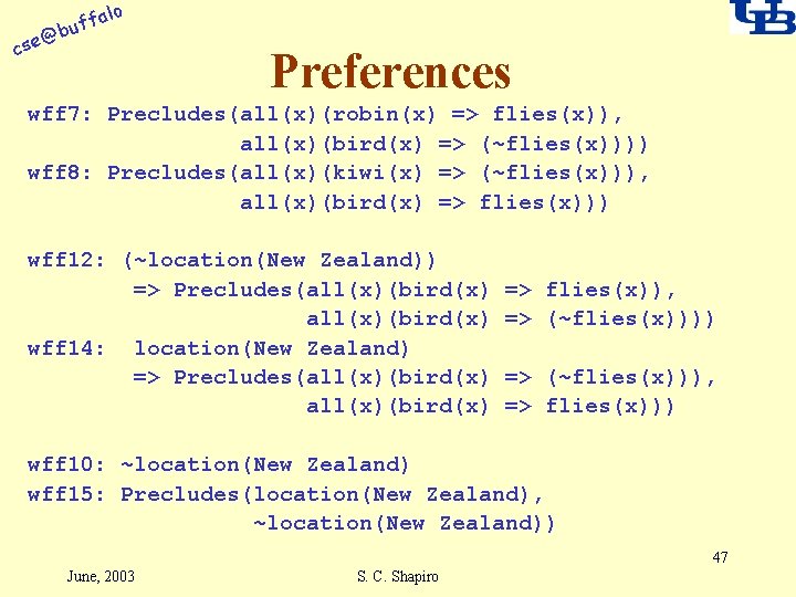 alo f buf @ cse Preferences wff 7: Precludes(all(x)(robin(x) => flies(x)), all(x)(bird(x) => (~flies(x))))