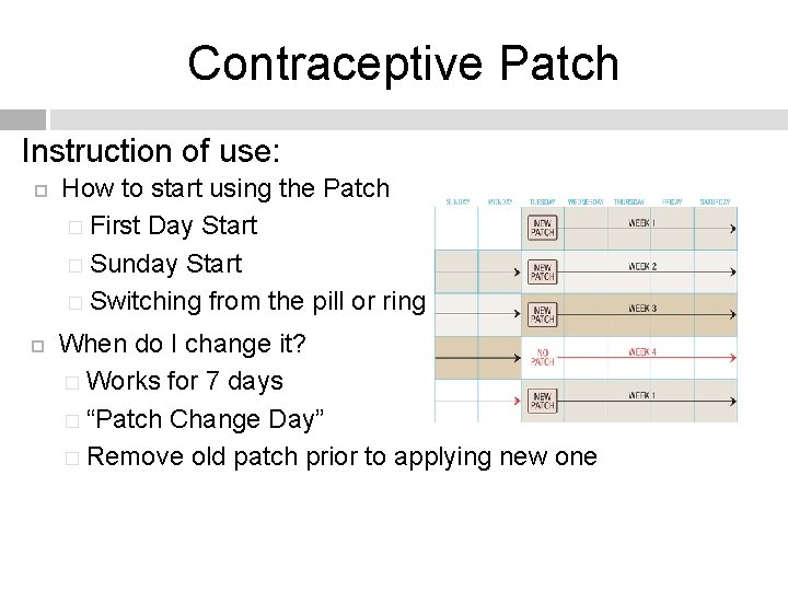 Contraceptive Patch Instruction of use: How to start using the Patch � First Day