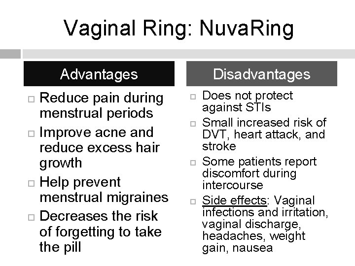 Vaginal Ring: Nuva. Ring Disadvantages Advantages Reduce pain during menstrual periods Improve acne and