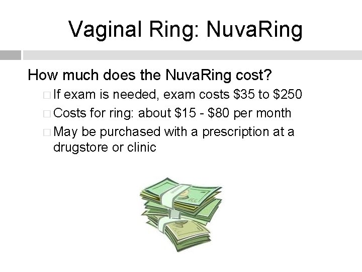 Vaginal Ring: Nuva. Ring How much does the Nuva. Ring cost? � If exam