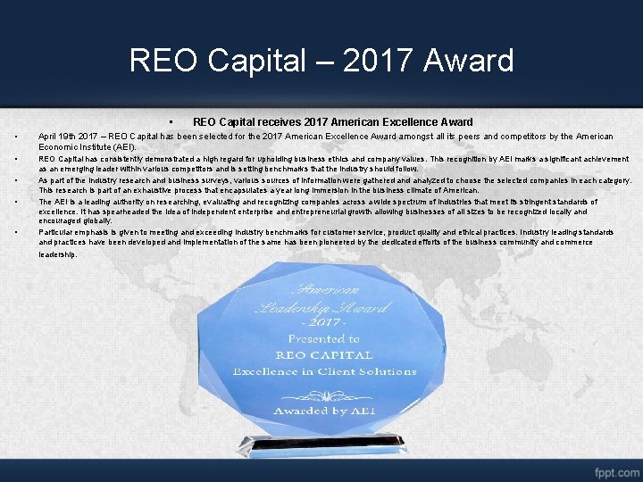 REO Capital – 2017 Award • REO Capital receives 2017 American Excellence Award • REO Capital – 2017 Award • REO Capital receives 2017 American Excellence Award •