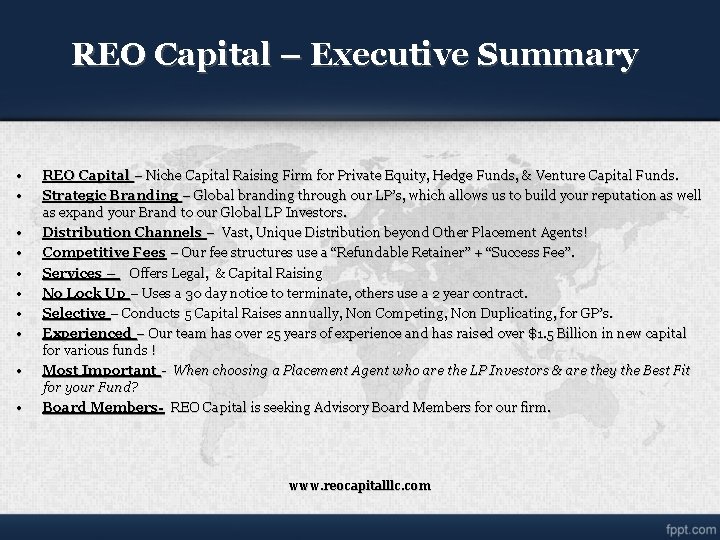 REO Capital – Executive Summary • • • REO Capital – Niche Capital Raising REO Capital – Executive Summary • • • REO Capital – Niche Capital Raising