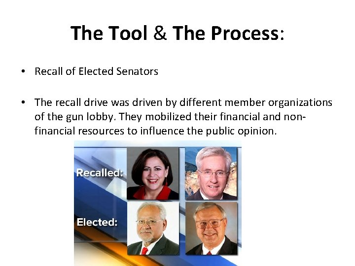 The Tool & The Process: • Recall of Elected Senators • The recall drive