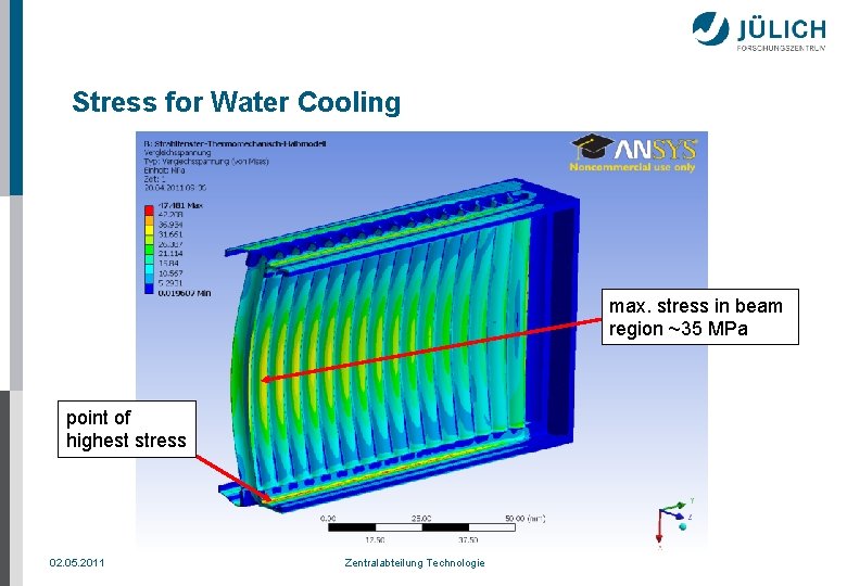 Stress for Water Cooling max. stress in beam region ~35 MPa point of highest