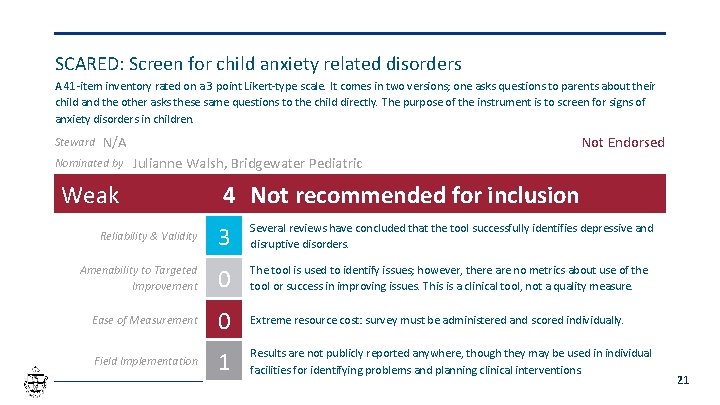 SCARED: Screen for child anxiety related disorders A 41 -item inventory rated on a