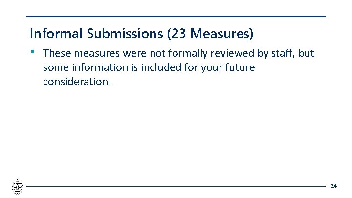 Informal Submissions (23 Measures) • These measures were not formally reviewed by staff, but