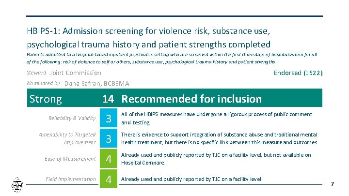 HBIPS-1: Admission screening for violence risk, substance use, psychological trauma history and patient strengths