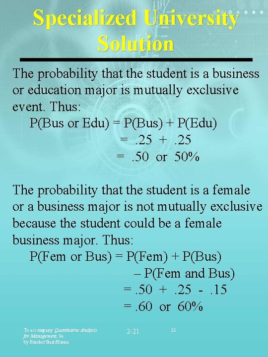 Specialized University Solution The probability that the student is a business or education major