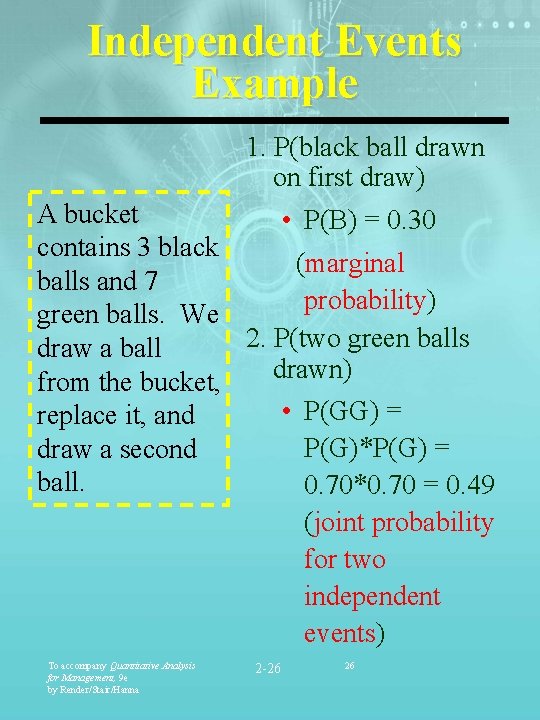 Independent Events Example 1. P(black ball drawn on first draw) A bucket • P(B)