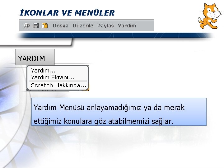 İKONLAR VE MENÜLER YARDIM Yardım Menüsü anlayamadığımız ya da merak ettiğimiz konulara göz atabilmemizi