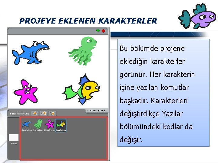 PROJEYE EKLENEN KARAKTERLER Bu bölümde projene eklediğin karakterler görünür. Her karakterin içine yazılan komutlar