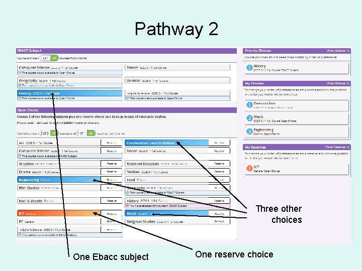 Pathway 2 Three other choices One Ebacc subject One reserve choice 