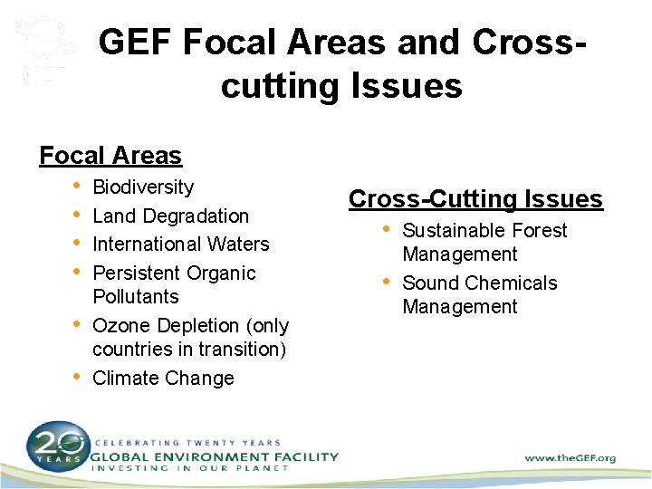 GEF Focal Areas and Crosscutting Issues Focal Areas • Biodiversity • Land Degradation •