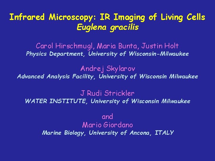 Infrared Microscopy: IR Imaging of Living Cells Euglena gracilis Carol Hirschmugl, Maria Bunta, Justin