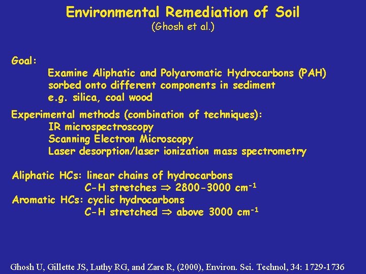 Environmental Remediation of Soil (Ghosh et al. ) Goal: Examine Aliphatic and Polyaromatic Hydrocarbons