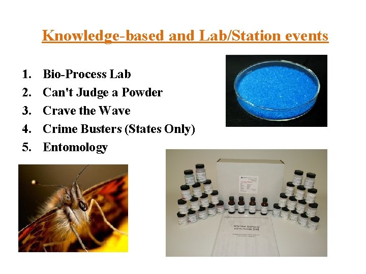 Knowledge-based and Lab/Station events 1. 2. 3. 4. 5. Bio-Process Lab Can't Judge a