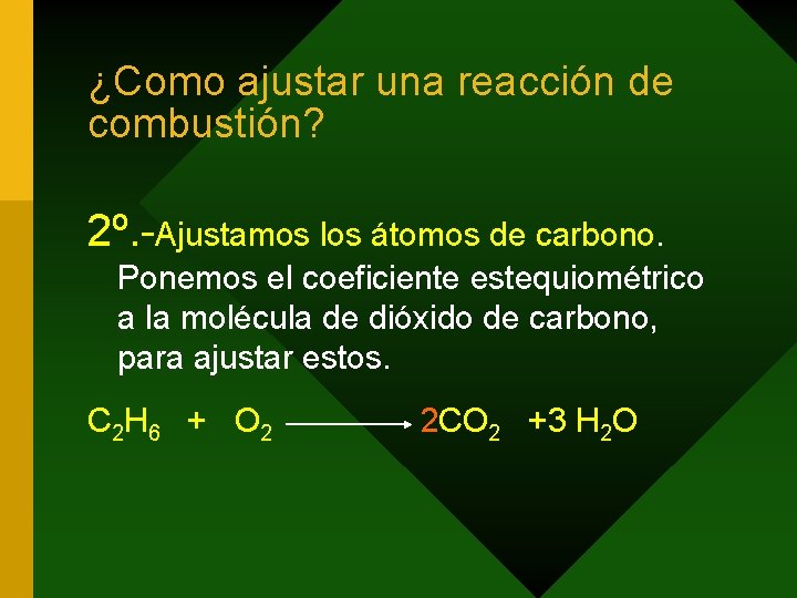 ¿Como ajustar una reacción de combustión? 2º. -Ajustamos los átomos de carbono. Ponemos el