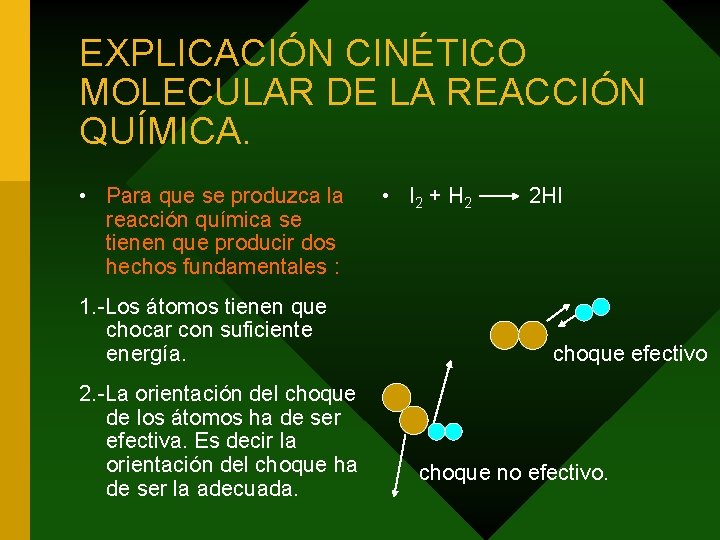 EXPLICACIÓN CINÉTICO MOLECULAR DE LA REACCIÓN QUÍMICA. • Para que se produzca la reacción