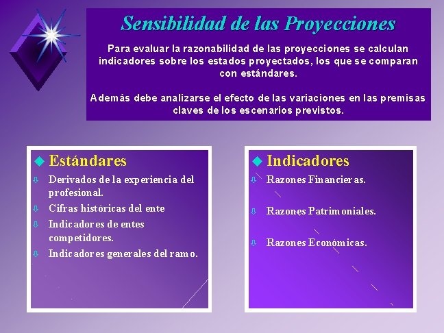 Sensibilidad de las Proyecciones Para evaluar la razonabilidad de las proyecciones se calculan indicadores