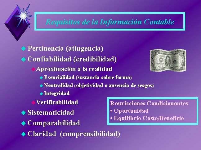 Requisitos de la Información Contable u Pertinencia (atingencia) u Confiabilidad (credibilidad) u. Aproximación a