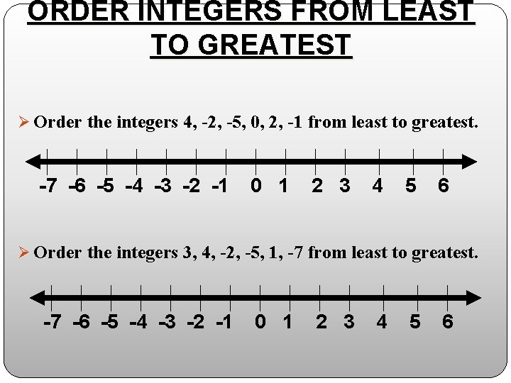 ORDER INTEGERS FROM LEAST TO GREATEST Ø Order the integers 4, -2, -5, 0,