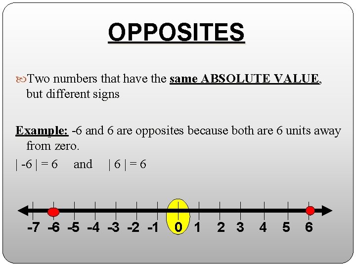 OPPOSITES Two numbers that have the same ABSOLUTE VALUE, but different signs Example: -6