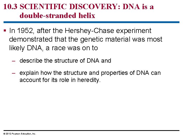 10. 3 SCIENTIFIC DISCOVERY: DNA is a double-stranded helix § In 1952, after the