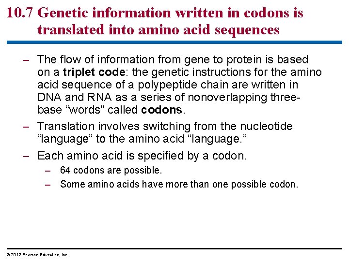 10. 7 Genetic information written in codons is translated into amino acid sequences –
