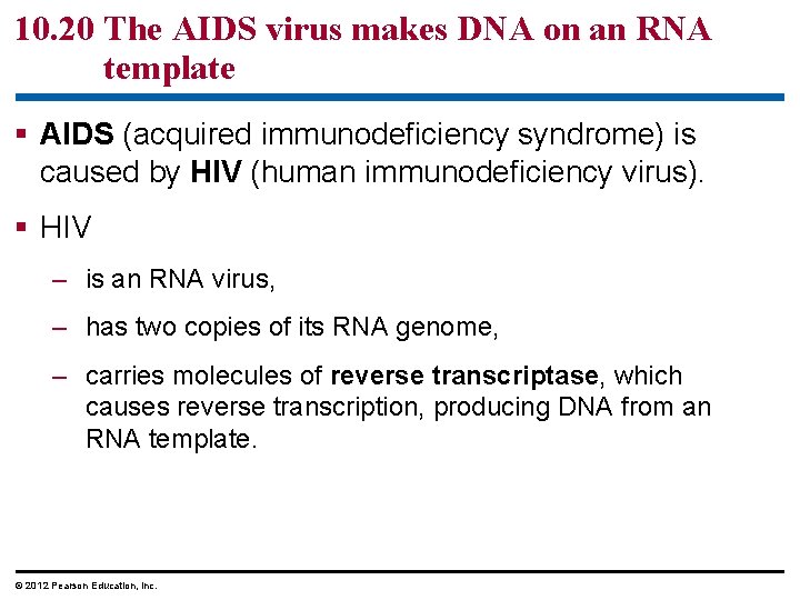 10. 20 The AIDS virus makes DNA on an RNA template § AIDS (acquired