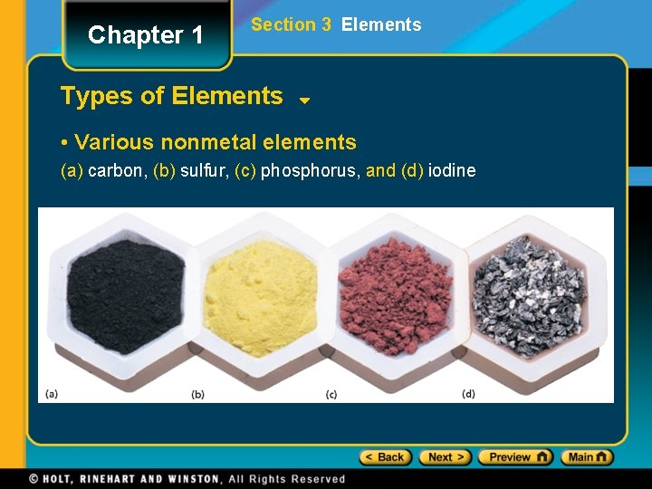 Chapter 1 Section 3 Elements Types of Elements • Various nonmetal elements (a) carbon,