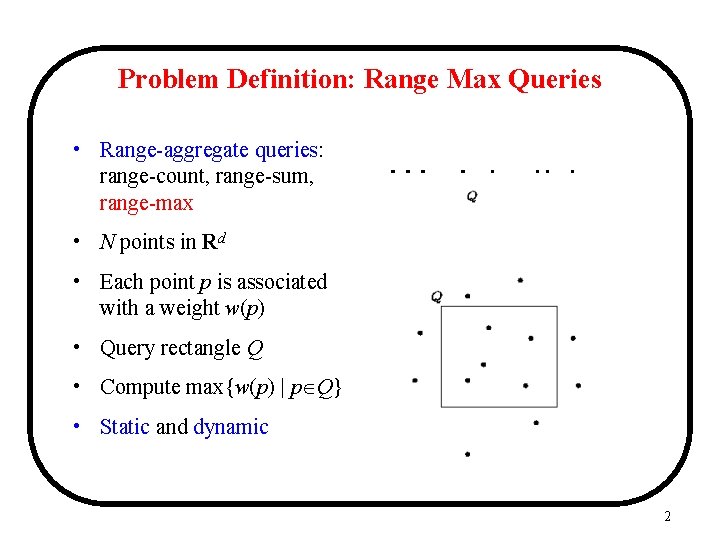 Problem Definition: Range Max Queries • Range-aggregate queries: range-count, range-sum, range-max • N points