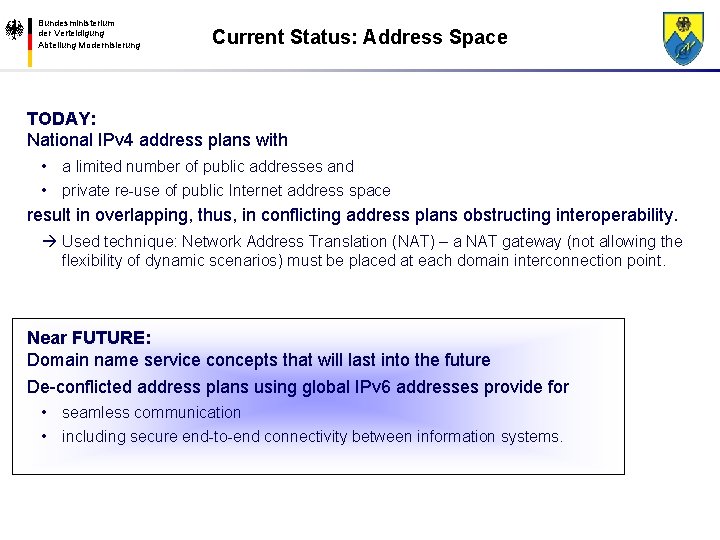 Bundesministerium der Verteidigung Abteilung Modernisierung Current Status: Address Space TODAY: National IPv 4 address